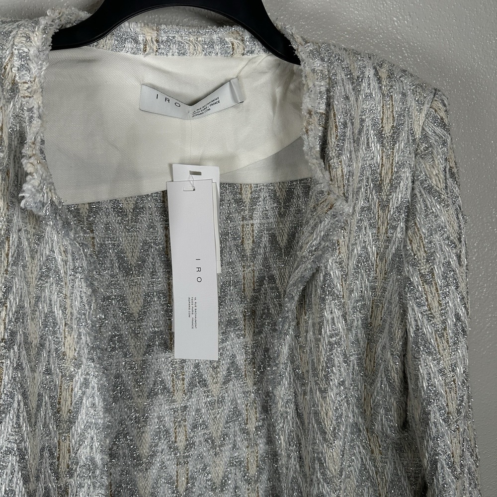 NEW IRO Silver Metallic Cream Blazer Jacket Cotton Linen Blend Womens 42 Holiday - Picture 2 of 8
